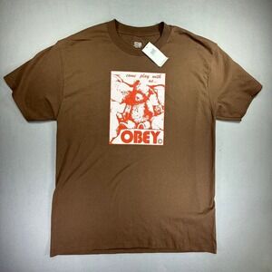 Obey Mens Come Play With Us Teddy Bear Graphic T-Shirt Brown Large NEW